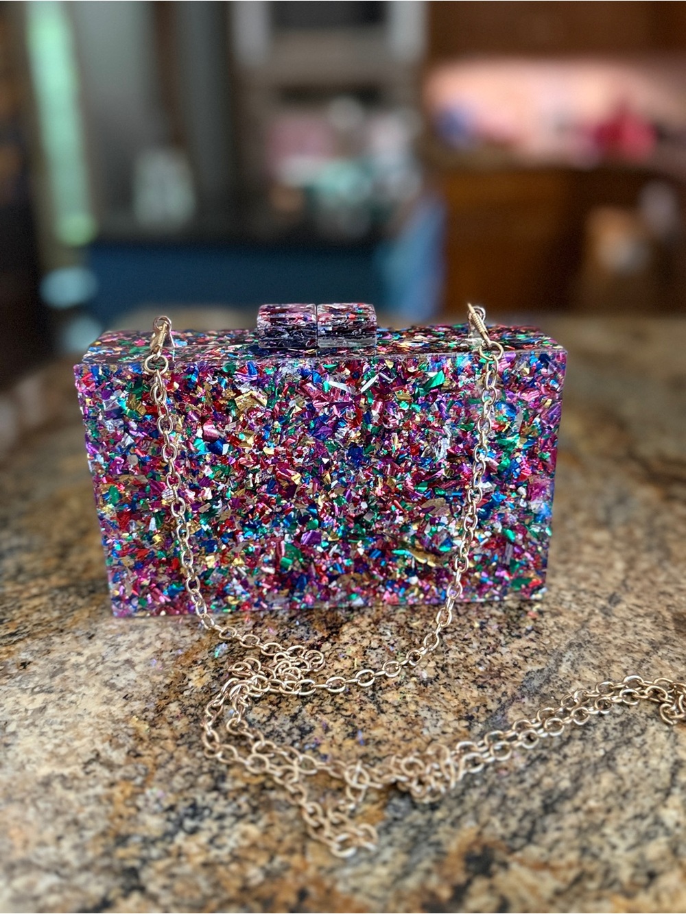 Multicolor Glitter Confetti Box Clutch with Gold Chain Strap